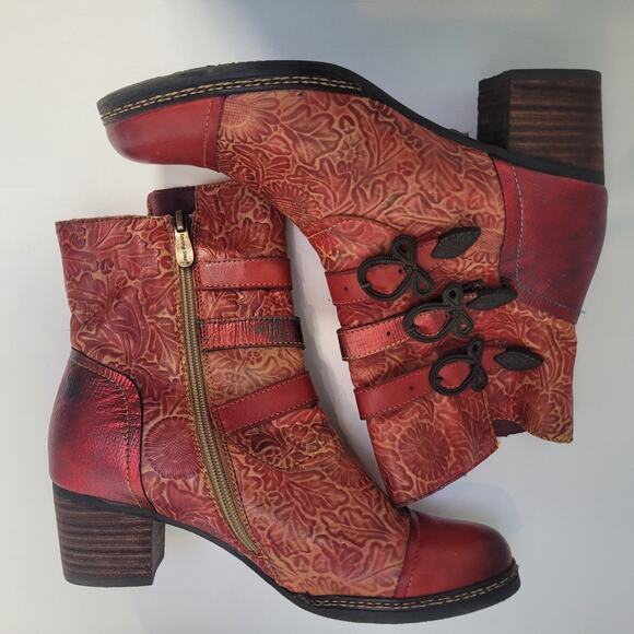L'artiste Spring Step Elsie Red Leather Boots Boho Chunky Heel Womens 39 / 8.5US - Picture 7 of 11